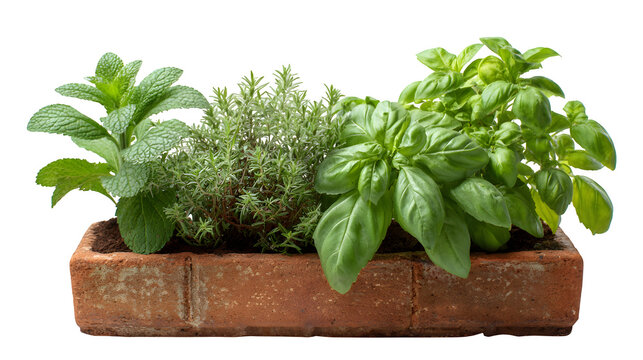 A small herb garden in a terracotta window box, with various leafy herbs, isolated on a Transparent background