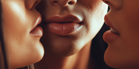 Obraz premium Two sexy lesbian girls kissing a man. Close-up of kissing lips. Threesome sex and orgy