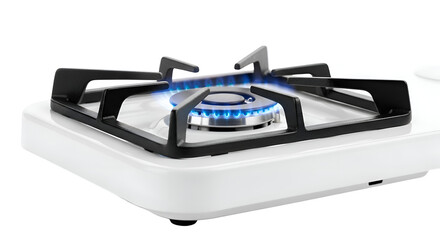 Gas Stove Burner Ignites with Blue Flame on White Cooktop in Kitchen Setting, Cooking Appliance