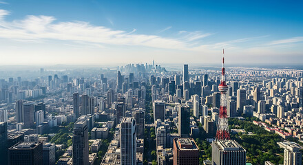 Aerial panorama of a sprawling modern metropolis with a prominent radio tower under a clear blue sky. Expansive urban cityscape view.