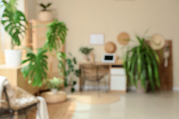 Blurred view of stylish home office with comfortable workspace, modern laptop and houseplants