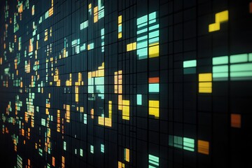 Abstract digital wall of glowing teal, orange, and yellow squares on a dark grid, creating a sense of depth and technological complexity