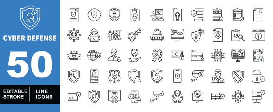 Cyber defense set of web icons in line style. Exclusive cyber defense linear icon collection. Containing document, shield, hacker, password, audit, encryption, security, and police. Editable stroke