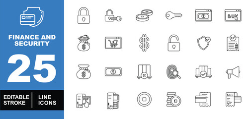 Finance and security set of web icons in line style. Exclusive finance and security linear icon collection. Containing key, lock, money, web, security, bill, card, shipping, megaphone. Editable stroke