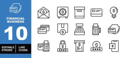 Financial business set of web icons in line style. Exclusive financial business linear icon collection. Containing email, deposit box, pos, bulb, box, card, cash register, and atm. Editable stroke