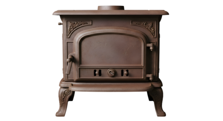 Brown Cast Iron Stove Sits Isolated on Transparent Background with Ornate Details, Vintage Stove