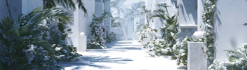 A snow-dusted pathway lined with tropical plants and white structures.