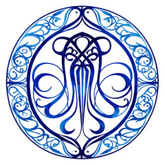 Abstract blue watercolor Art Nouveau medallion