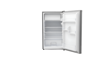 Open Compact Refrigerator Shows Empty Shelves and Door Storage on Transparent Background