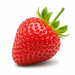 Perfectly Ripe Single Strawberry with Green Stem Isolated on White