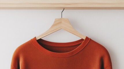A burnt orange crewneck sweatshirt hangs on a light wood hanger against a minimalist white wall,  displayed on a light wood shelf