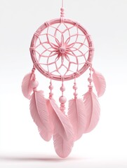 Obraz premium Delicate Pink Dream Catcher with Feathers Against White Background