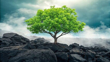 A vibrant green tree growing on dark rocks against a cloudy sky with a misty background scene