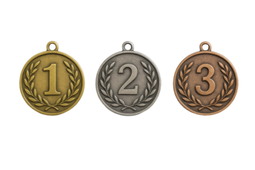 Gold, Silver, and Bronze Medals Displaying First, Second, and Third Place Numerals with Laurel Wreaths