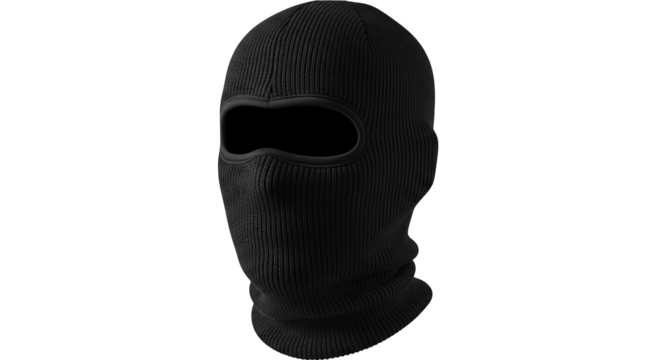 Detailed view of a black knitted balaclava with eye opening for winter wear.