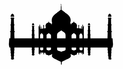 Silhouette of taj mahal with reflection showcasing domes minarets and architectural details in black and white