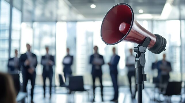 A red megaphone with a blurred business meeting in the background. - Powered by Adobe