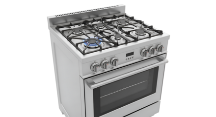 Gas Range Oven Appliance Shows Blue Flame on Burner, Modern Kitchen Equipment, Steel Finish