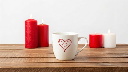 Heart mug with red and white candles on a wooden surface against a white background studio shot