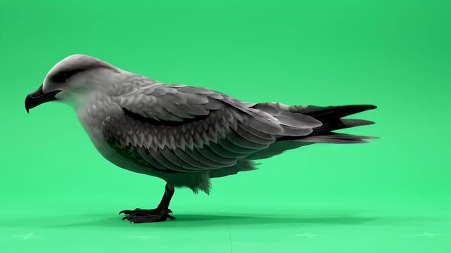 Large Grey-Brown Seabird or Skua Standing in Profile on Bright Green Screen Background, Ideal for Chroma Key Compositing and Isolation