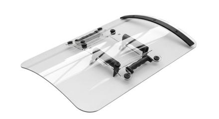 A riot shield with handle provides protection, featuring a clear, robust design.