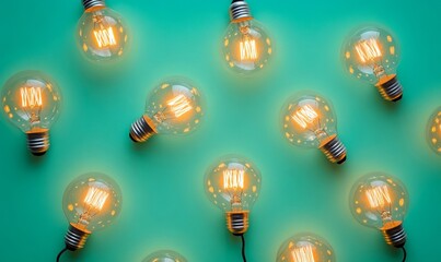 Top view of modern light bulbs with fabric electrical cables arranged neatly on a plain English green background, highlighting design and presentation, Generative AI