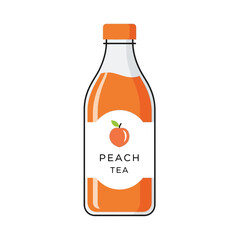 Glass bottle filled with peach tea and a peach graphic.