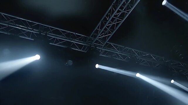Professional stage lighting rig with spotlights on a metal truss creating a dramatic atmosphere for a live show