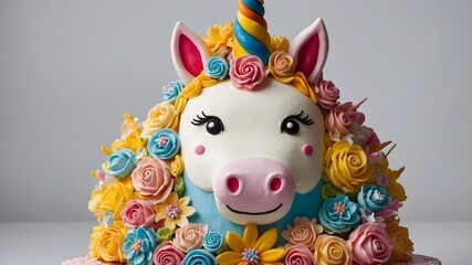 Close-up of a Whimsical Unicorn Cake with Colorful Floral Decorations and Rainbow Horn