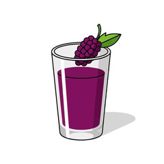 Glass of purple juice with berry garnish and leaf.