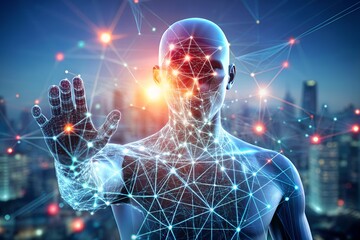 An artificial intelligence concept showing a futuristic human figure connected to a digital network