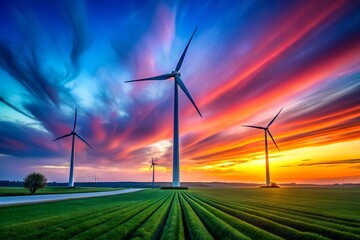 Fototapeta premium Wind turbines generating renewable energy at sunset in a vibrant rural landscape