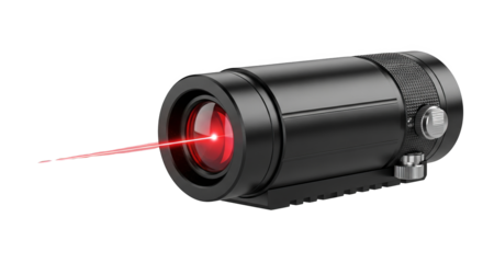 Sleek, black optical device emitting a focused red laser beam on dark scene.