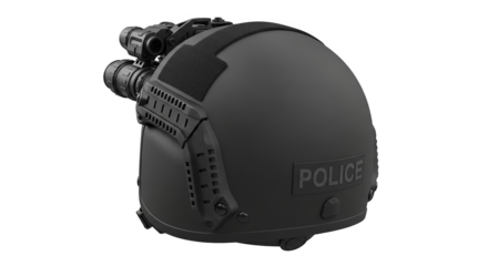 Detailed view showcasing a matte black tactical police helmet with night vision.