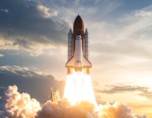 Space shuttle launching at sunrise, fiery exhaust trails and clouds