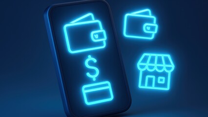 e wallet integration concept. Digital wallet concept with neon icons representing payments and transactions.