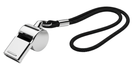A gleaming, chrome whistle with black cord is showcased using gigapixel render.
