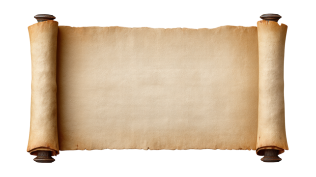 Aged parchment scroll isolated on transparent background with empty space for text or design