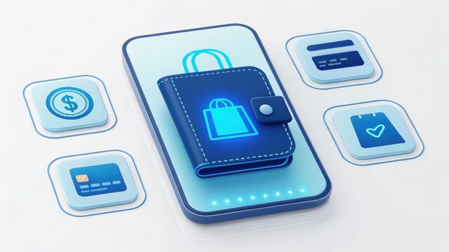 e wallet integration concept. Digital wallet and payment options displayed on a smartphone with icons and graphics.