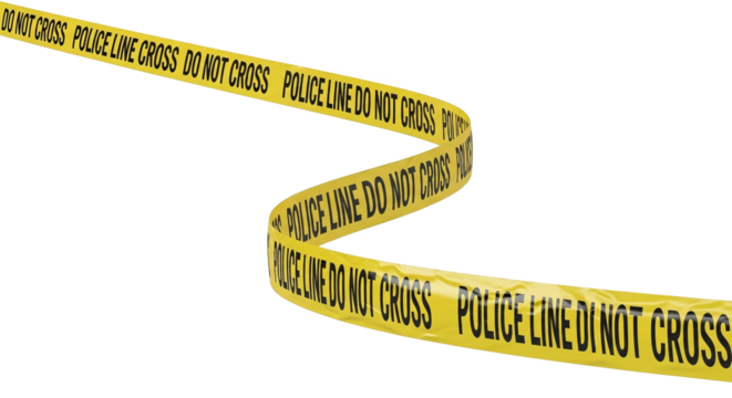 Sinuous yellow police line barrier tape isolated against dark backdrop.