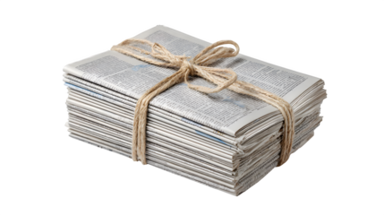A stack of neatly tied newspapers ready for delivery on a doorstep, isolated on a Transparent background
