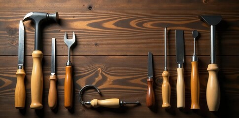 Selection of finely crafted wood working tools on a rich brown wood backdrop , background, precision