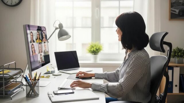Professional attending virtual meeting from home office desk
 - Powered by Adobe