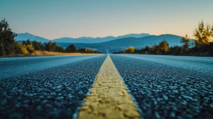 A road stretching into the distance with a yellow line in the middle, leading to a mountain range in the distance.