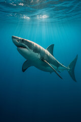 Fototapeta premium Great White Shark Swimming – Underwater Ocean Wildlife (AI Generated)