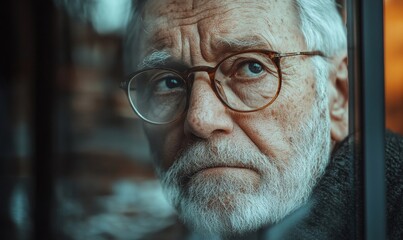 Sad elderly man wearing a face mask, looking through a window, reflecting a feeling of isolation, Generative AI