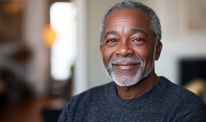 Happy senior man smiling at the camera from the comfort of his home, Generative AI