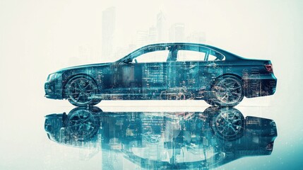 A futuristic car with a digital interface, reflecting a city skyline.