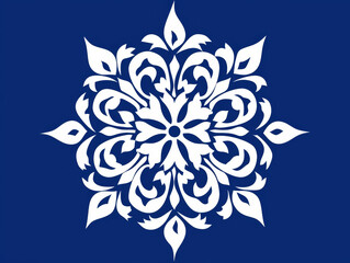 White floral mandala design on a deep blue background
