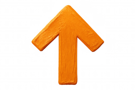 Orange clay 3d arrow pointing upward, symbolizing advancement, success, rising trajectory against transparent backdrop